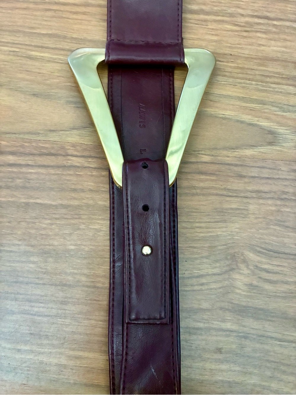 Vintage Burgundy Leather Belt with gold Triangle Buckle